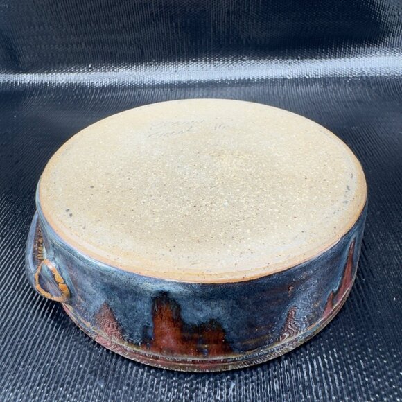 Beaver Creek Pottery Heavy Drip Glaze Dish Bowl With Handles Signed Stoneware - Picture 8 of 11